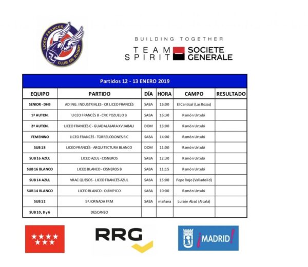 PROGRAMACIÓN FIN DE SEMANA 12/13 ENERO 2019 - tabla partidos