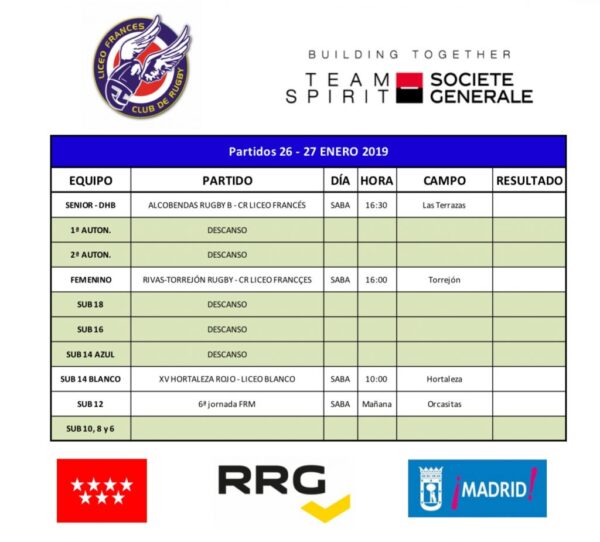 PROGRAMACIÓN FIN DE SEMANA 26/27 ENERO 2019 - tabla partidos