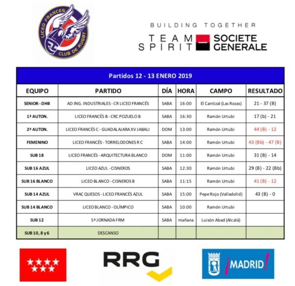 RESULTADOS FIN DE SEMANA 12/13 ENERO 2019 - tabla partidos